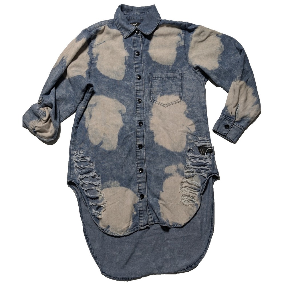 Thrill Jeans Denim Bleach Spot Wash Distressed Hi-Lo‎ Shirt Women XL